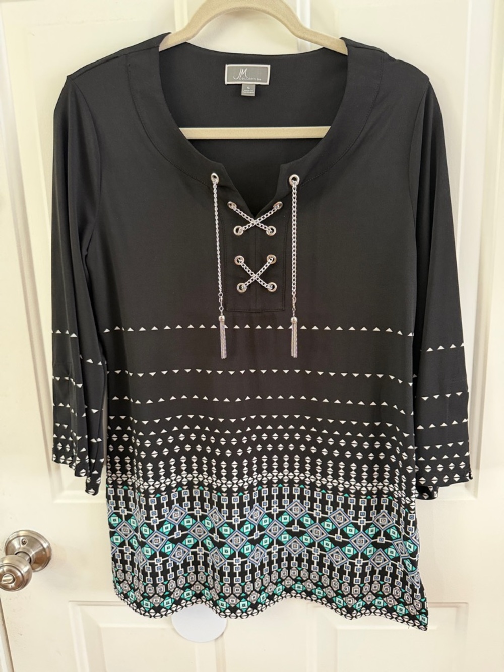 JM Collection Black Tunic with Teal and White Geometric Border